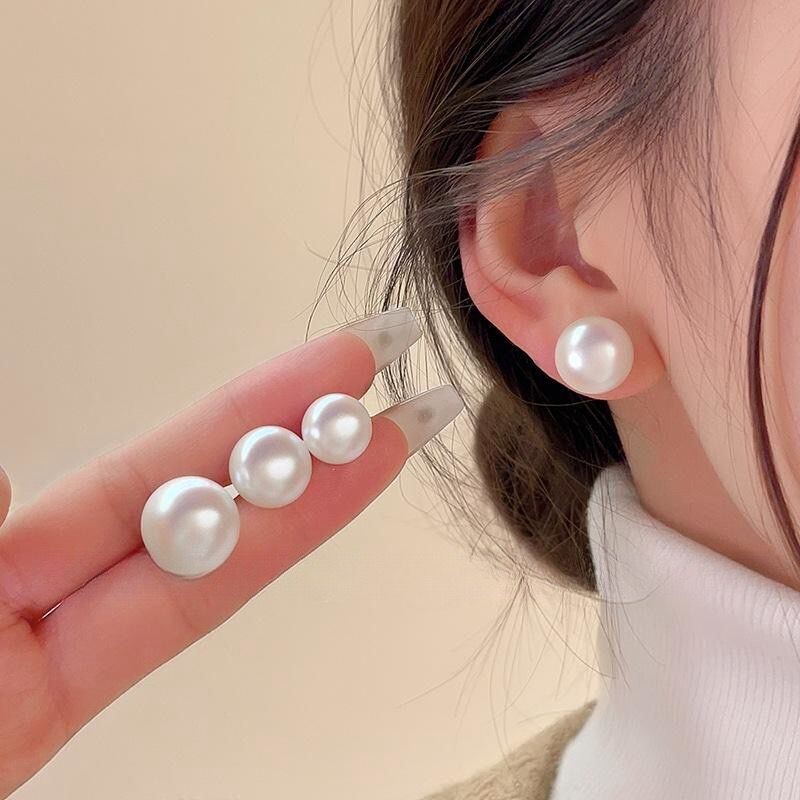 Women Girl Gold plated Chubby Oval Round Pearl Earring Stud 8-16mm