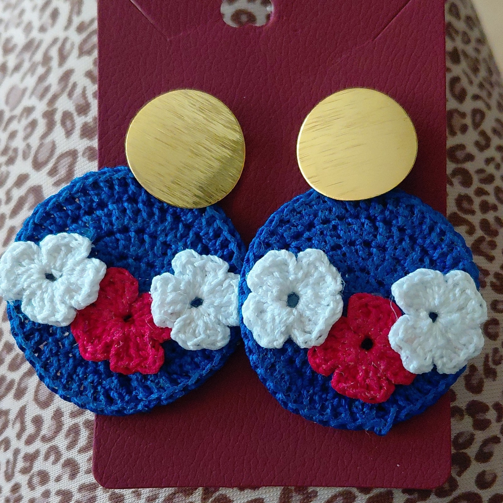 Handmade Crochet Yarn Round Dangle/Drop Earrings Blue Red White Flower Back