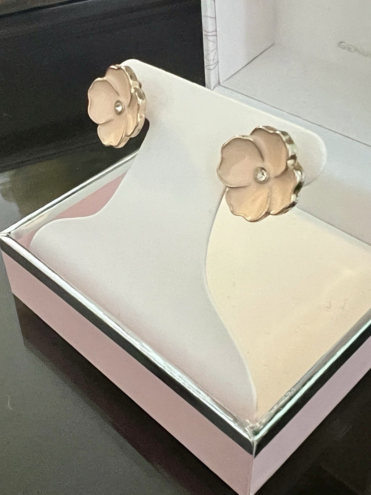 Pink Enamel Flower Stud Earrings – Clear Crystal Center, Butterfly, Nickel-Free