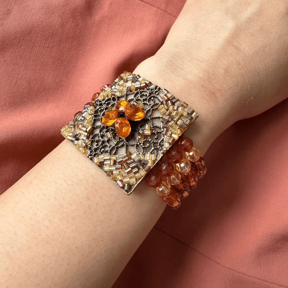 Y2K Multi-stranded Bracelet with a faux Amber Glass, Gems Statement Pendant