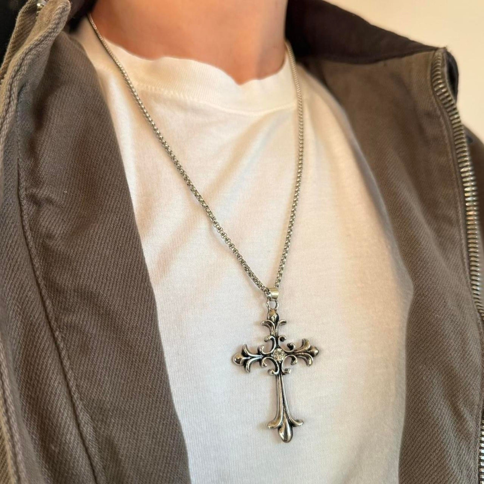 Silver Gothic Cross Pendant Necklace Unisex Stainless Steel Jewelry New