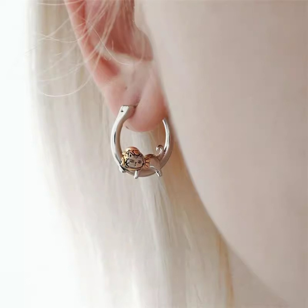Silver Round Hoop Earrings Sleeping Cat Cute Animal Earring for Women Gifts NEW