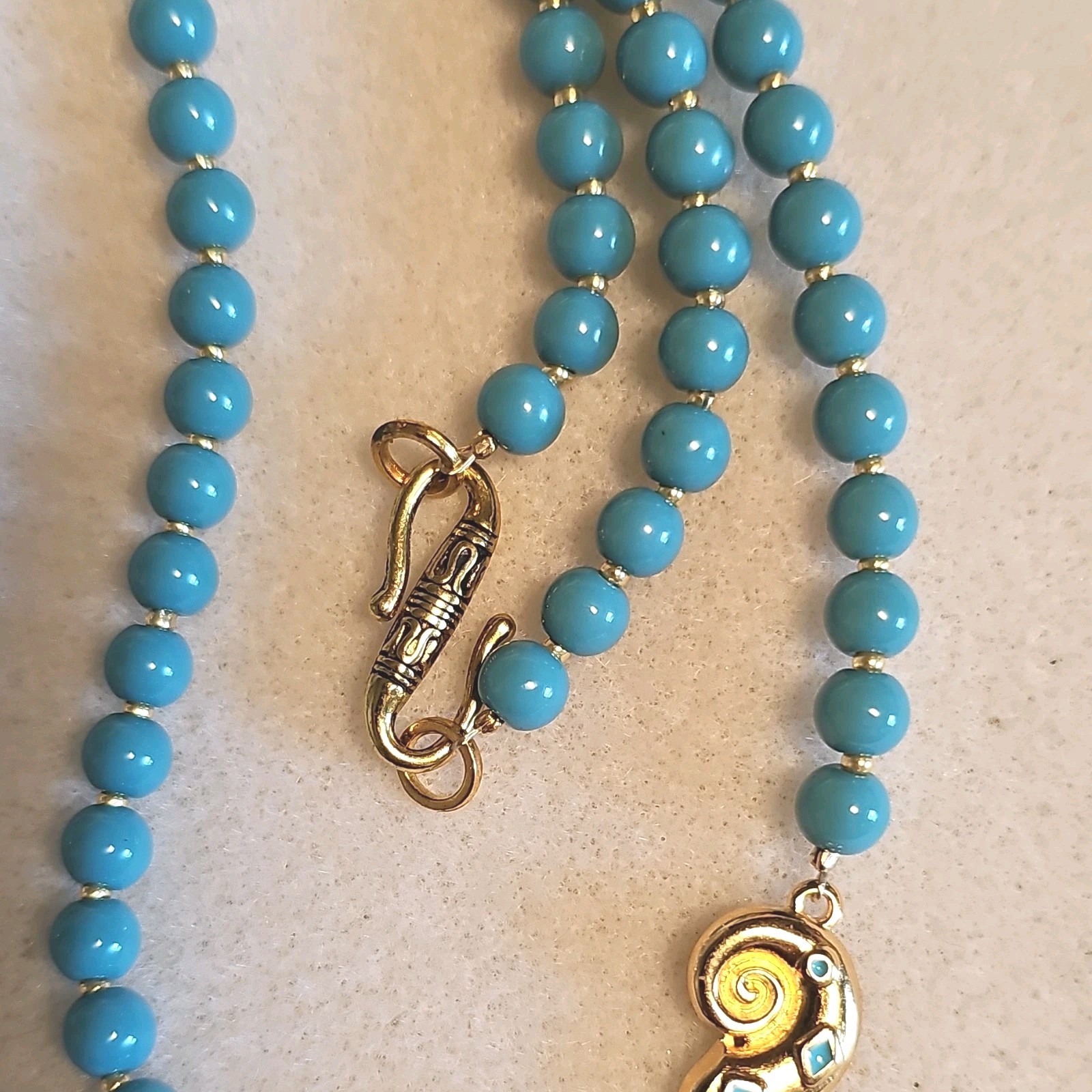 Turquoise Glass Beaded Necklace W/ 18k Gold Plate Shell Enamel Focal S-hook Clos