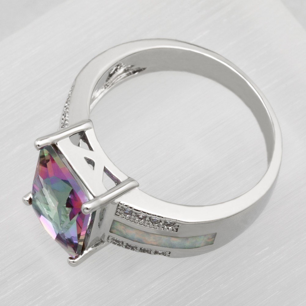 8×10 Rectangle Mystic Topaz White Fire Opal Silver Jewelry Women Ring SZ 7 8 9