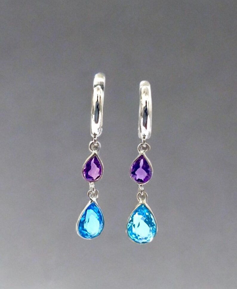 Blue Topaz Amethyst Earrings 925 Sterling Silver, Pear Teardrop Dangle Earrings