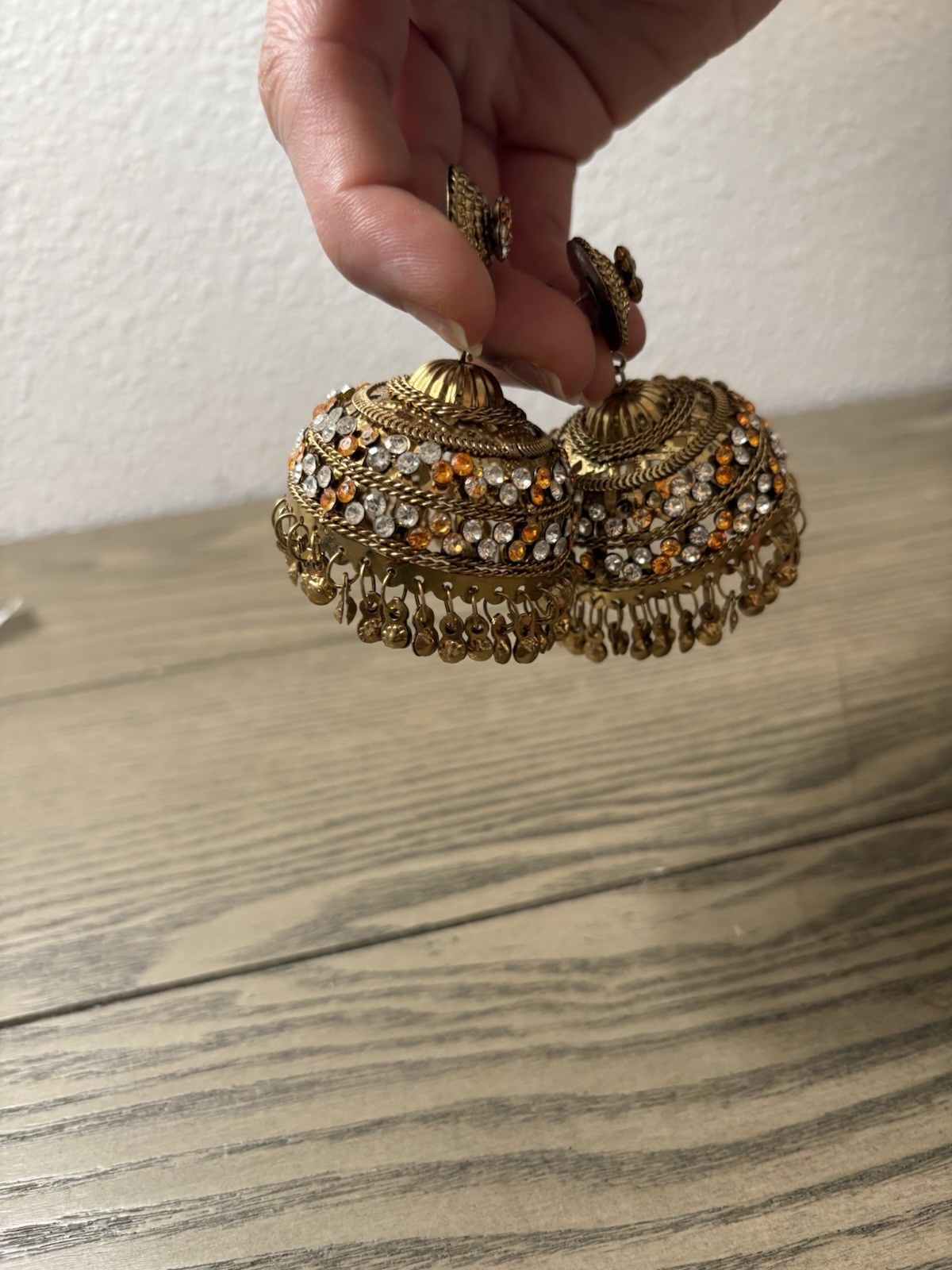 Earrings Brand new Gold & orange jhumka earrings with orange & clear rhinestones