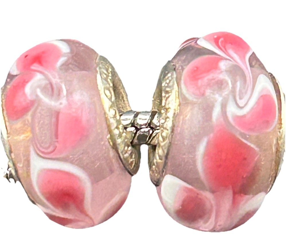 2 Pandora 925 Silver Pink Floral Petals Murano Glass Bead Charms Clear, White