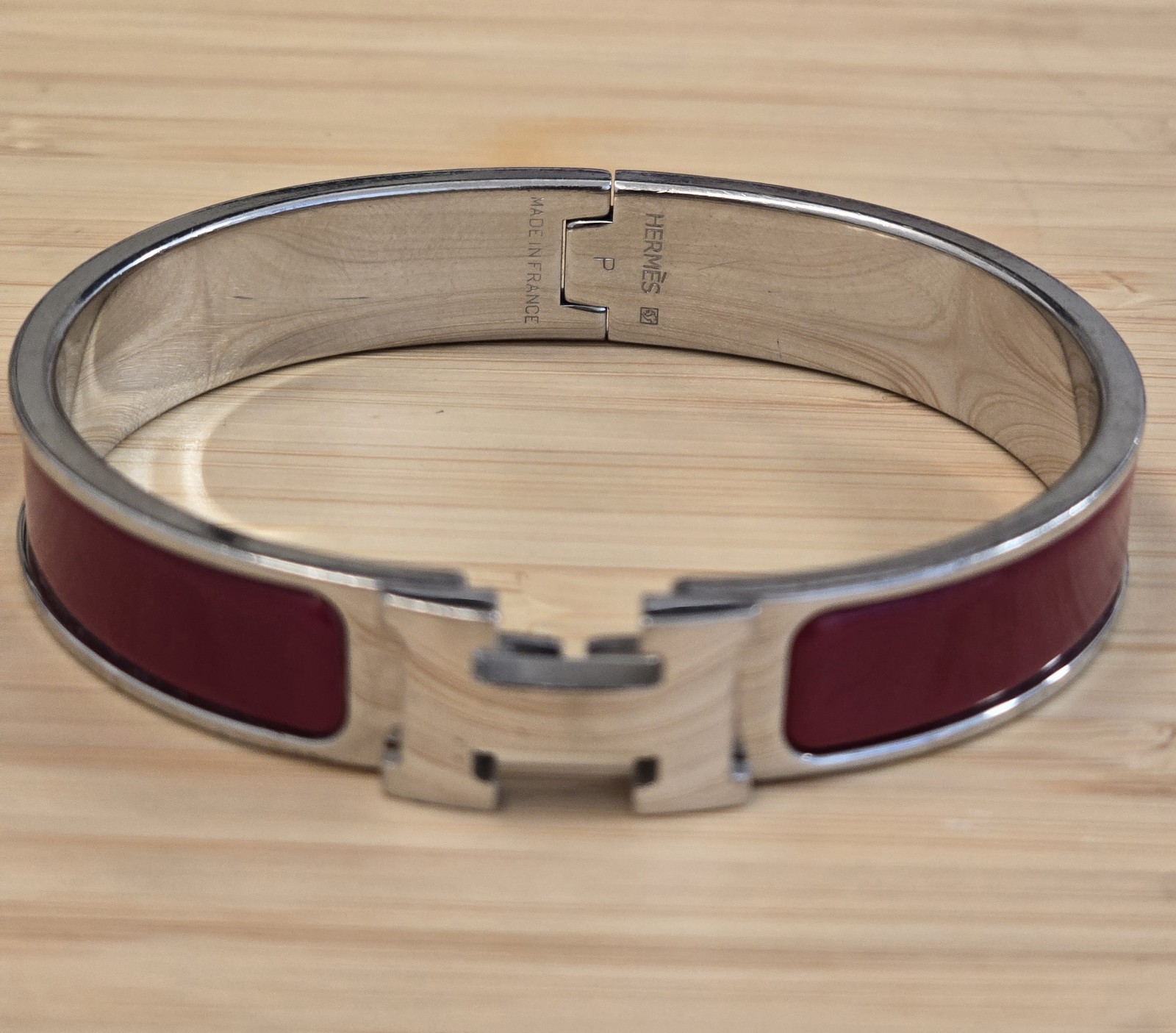 Hermes Clic H Silver Bangle Bracelet Red Enamel Made in France