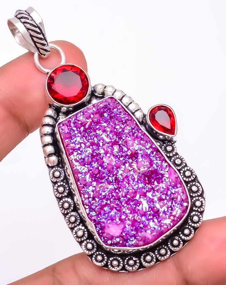 Natural Pink Titanium Drusy & Garnet 925 Silver Plated Pendant 2.6″ T2773