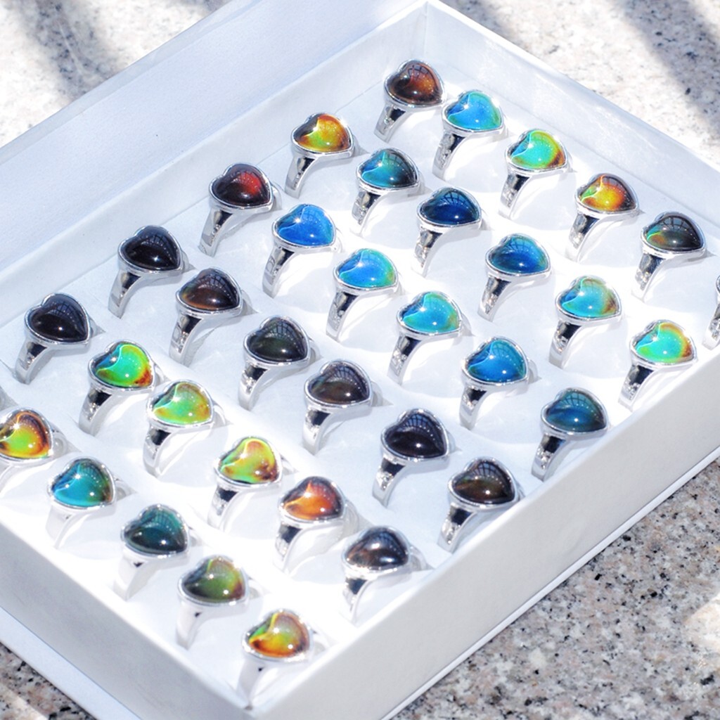 Wholesale 30 Heart Mood Rings Mix Women Silver Plated Change Color Finger Charms