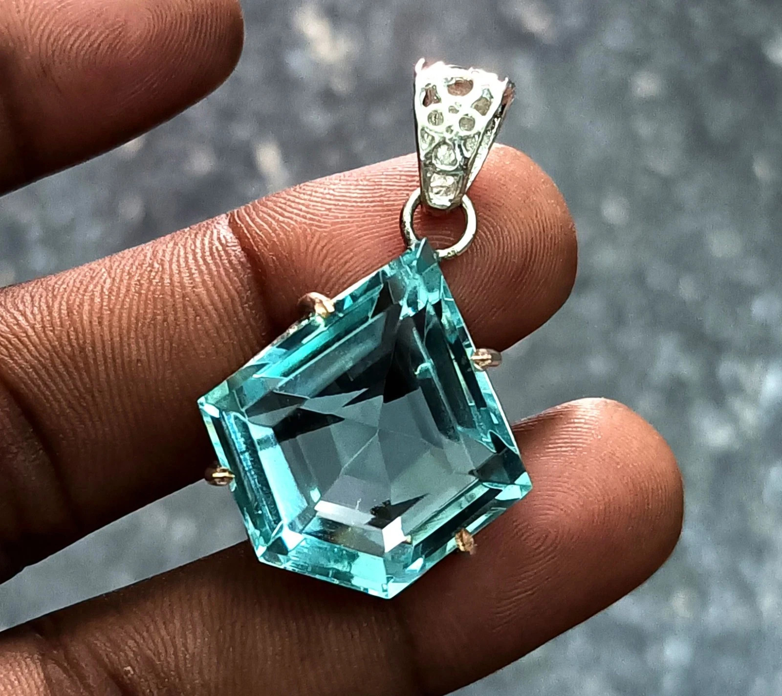 54.55 CT Aqua Blue Topaz Fancy Cut Pendant Necklace Sterling Silver With Chain