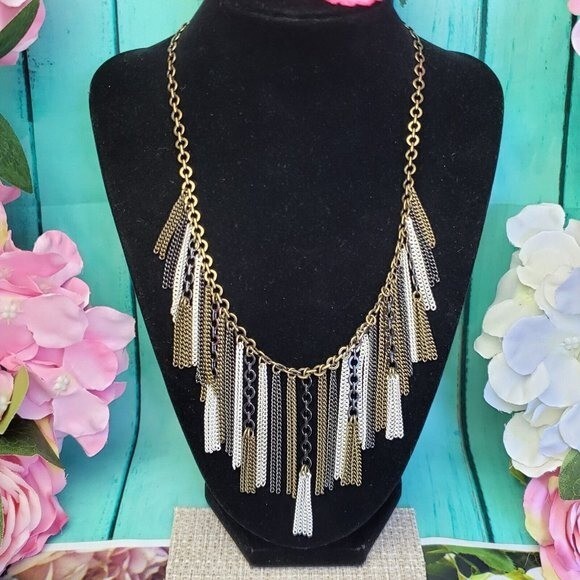 SILPADA KR Multi Tone Fringe Chain Necklace Gold Brass Gunmetal Tassel Statement