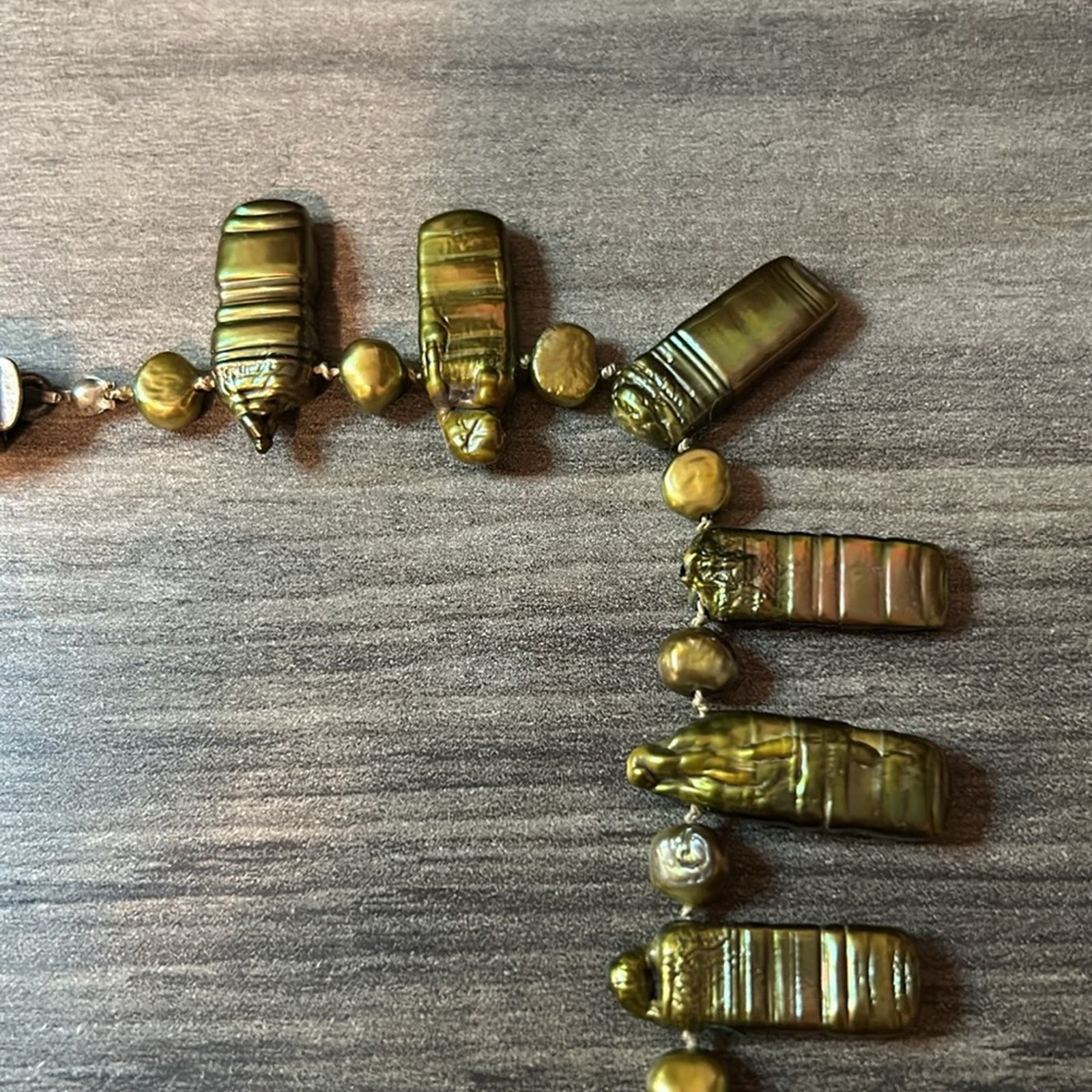 Vintage Green Stick Pearl Statement Necklace #924 hand knotted yellow-green