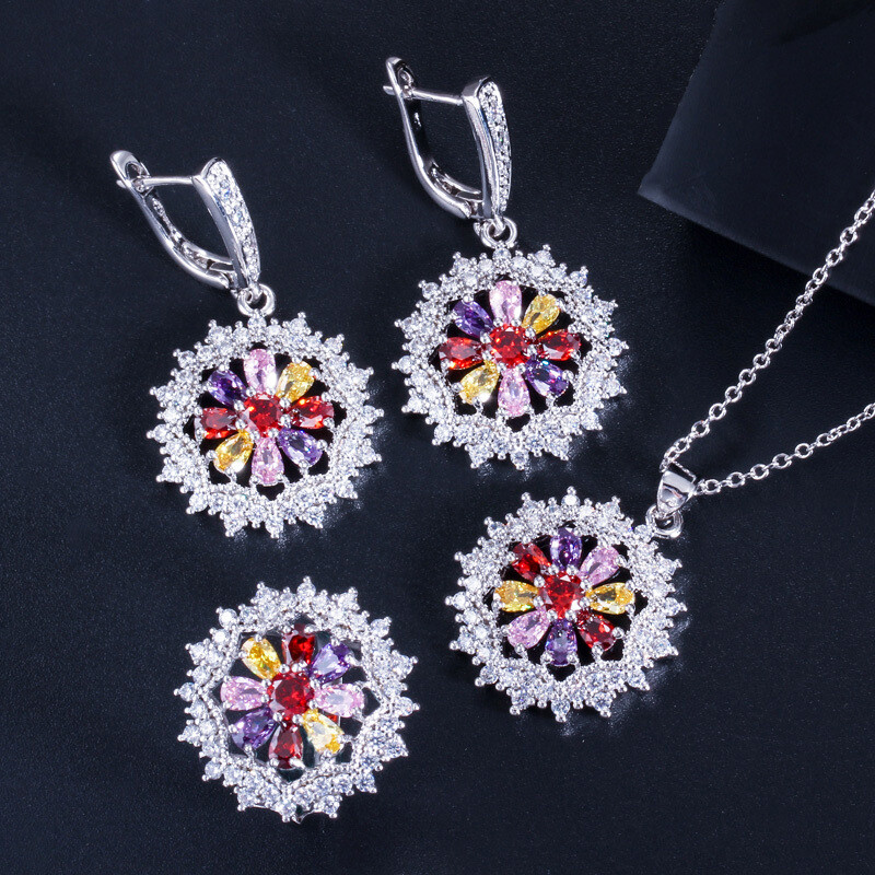 Pretty Flower Pendant Necklace Earrings Ring Set Silver Plated Women CZ Jewelry