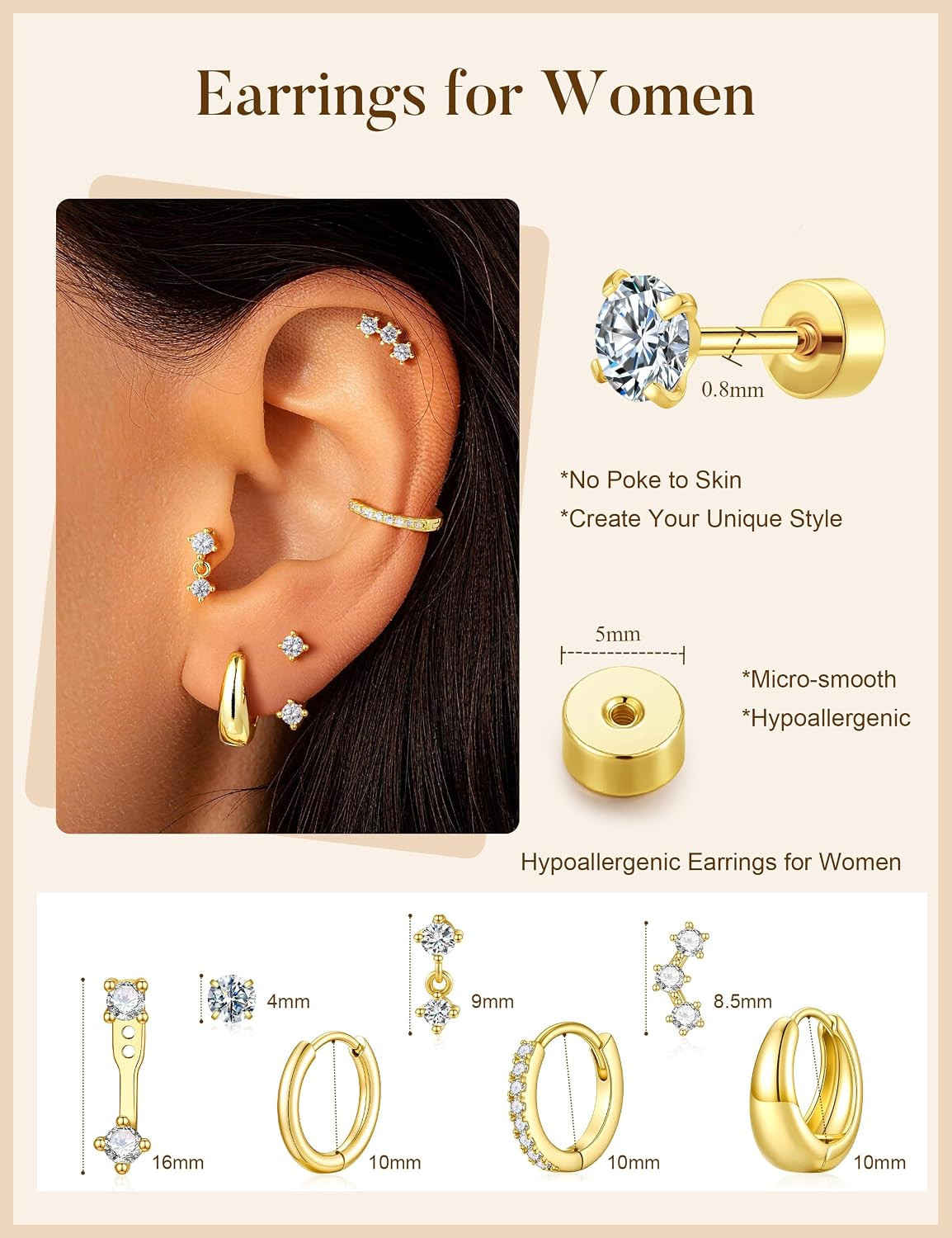 Gold Earrings for Women, 14K Gold Plated Chunky Hoop Earrings Hypoallergenic Car