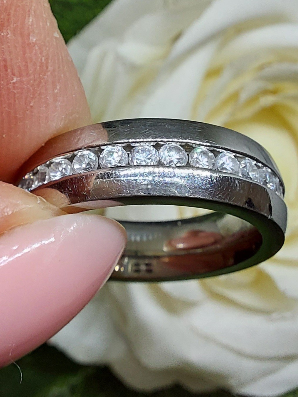 A Stunning S.Steel 5.5mm Wide Band With Channel Set Cubic Zirconia Uk Size L