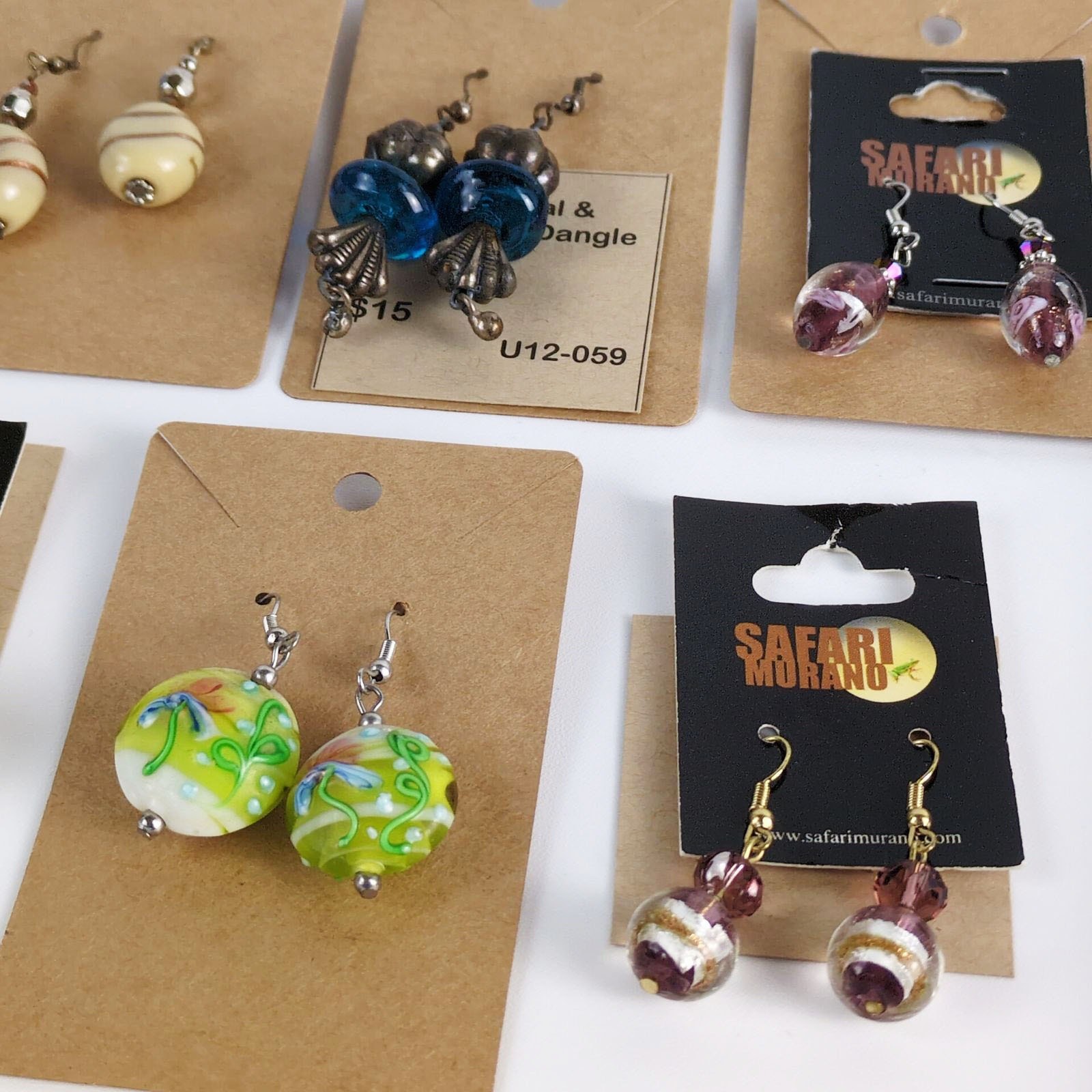NEW 8 Pair Lot Art Glass Dangle Earrings, Safari Murano Purple Gold Pewter Blue+