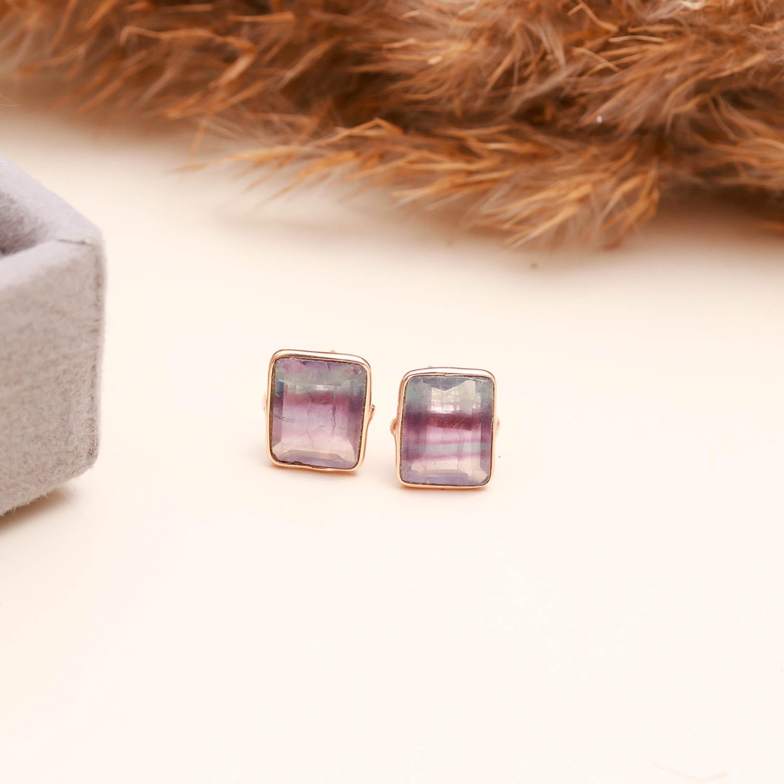 100%Natural Fluorite Octagon Stud Earrings Rose Gold Plated Solid Silver Jewelry