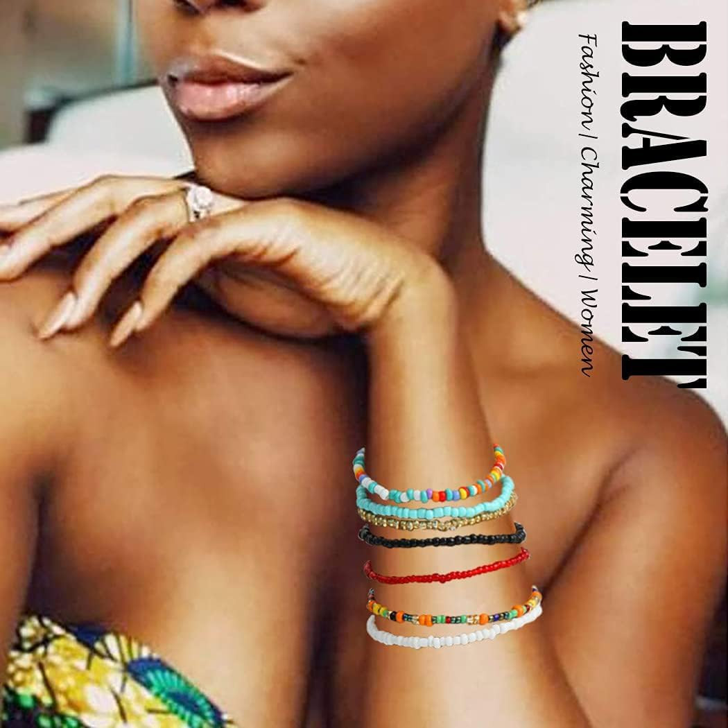 7PCS Boho Beaded Anklets Stretch Glass Seed Bead Bracelet Set