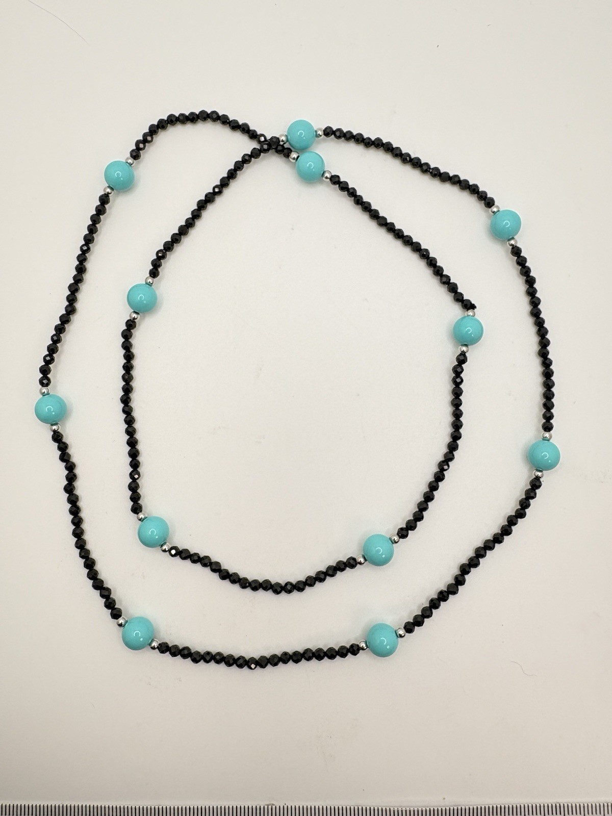 Sleeping Beauty Shell Pearl Black Spinel Endless Beaded Necklace 77.00 ctw 30”