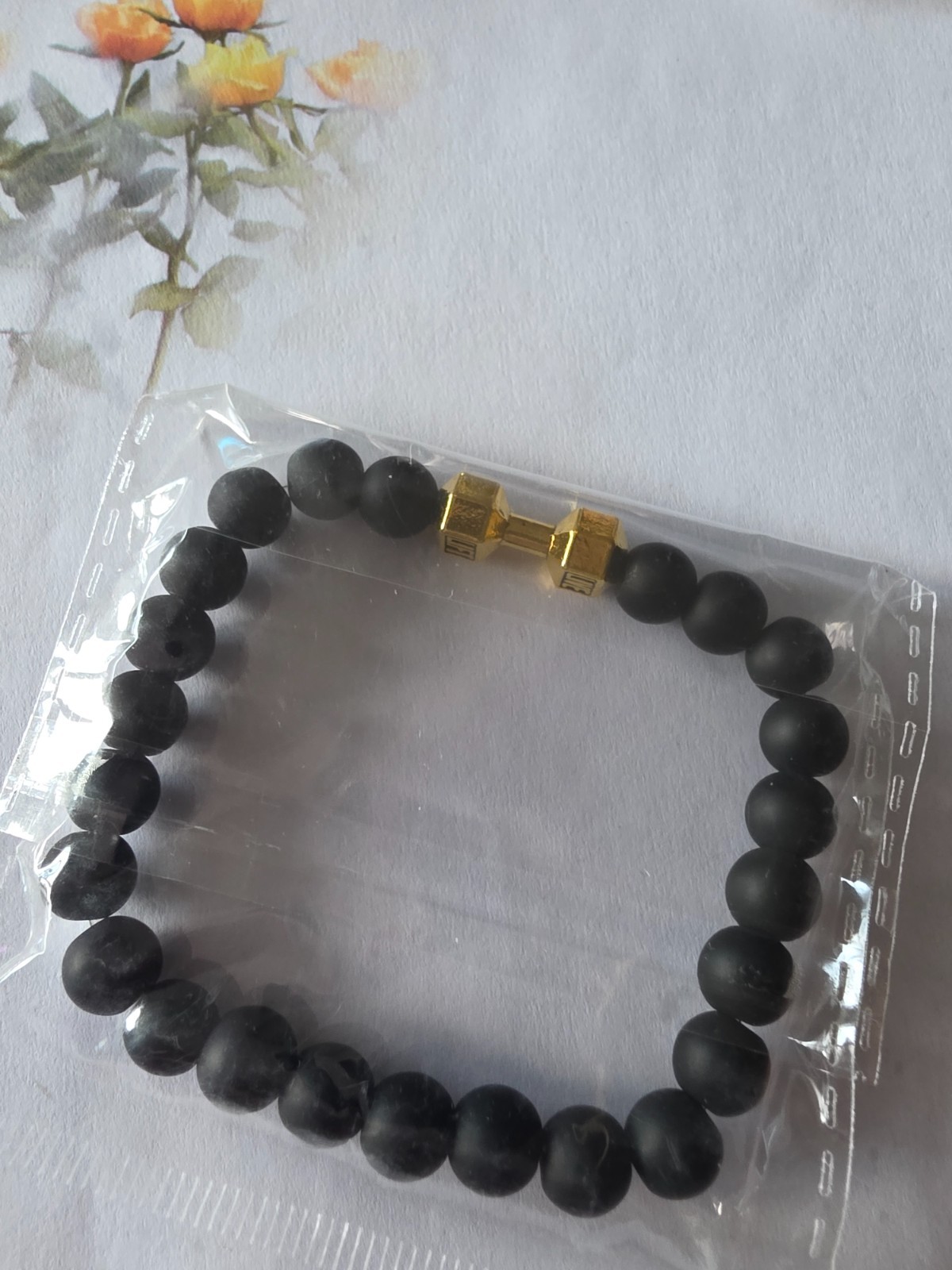 Natural Stone Bracelet gold barbell Lava Matte 8m Beaded