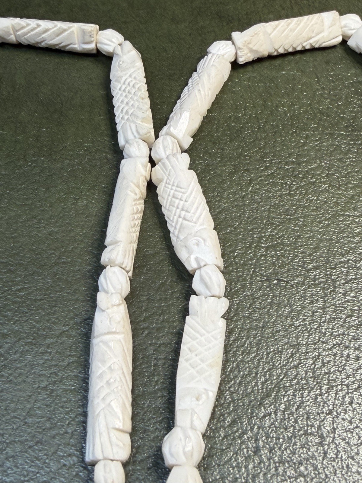 White Carved Bone Beaded Strand Necklace Ball/Bead Chain Screw Closure