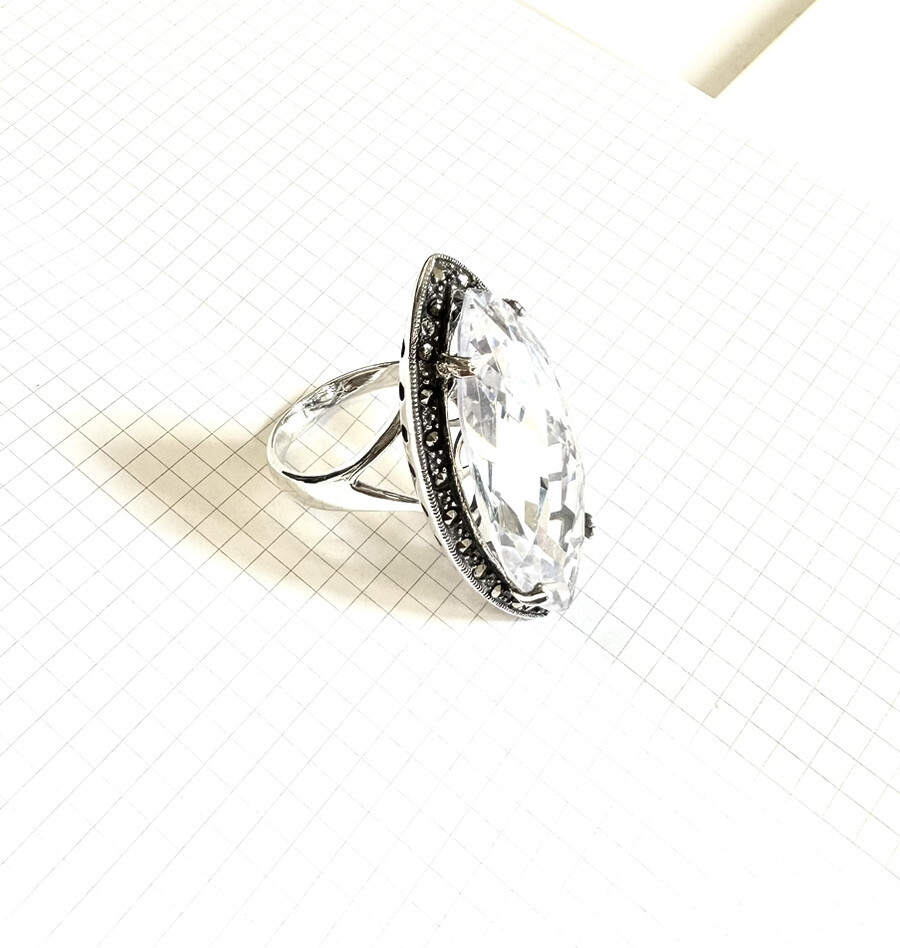 (SIZE 6,7,8,9) HUGE Marquise Clear CZ STONE RING Marcasite .925 STERLING SILVER