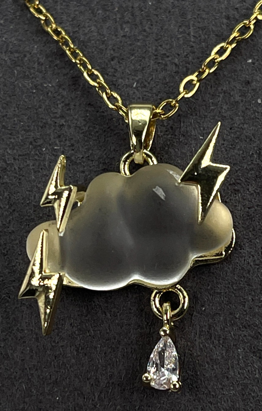 Necklace Iridescent White Cloud w/Gold Tone Lightning Bolts & Zirconia Rain Drop