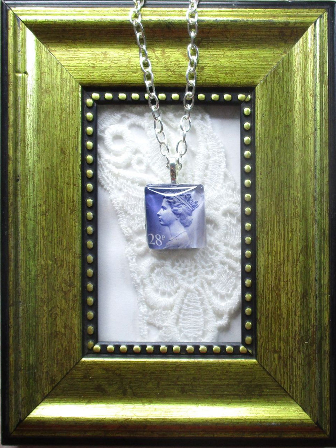 Handmade Authentic Postmarked Queen Elizabeth Postage Stamp Glass Tile Necklace