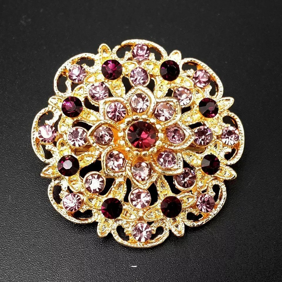 24pc Vintage Brooch Lot Mixed Alloy Rhinestone Crystal Pins Wedding Bouquet DIY