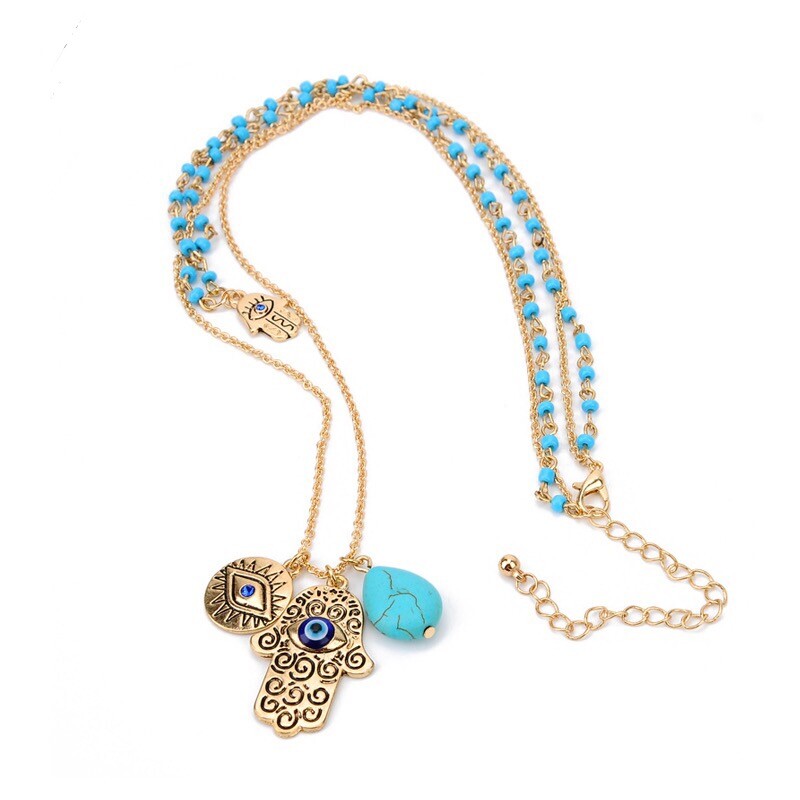 ZARD Evil Eye Hamsa Hand Turquoise Gem Charm Pendant Layered Necklace
