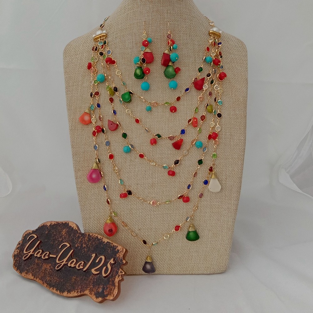 18” 5 rows Multi Color Coral Turquoise Pearl Chain Necklace Earrings Set