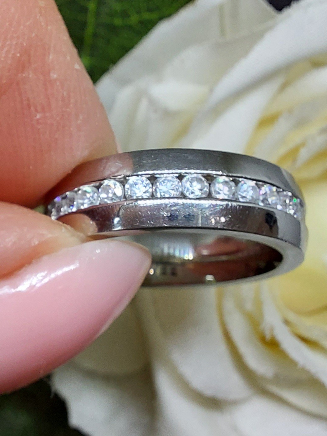 A Stunning S.Steel 5.5mm Wide Band With Channel Set Cubic Zirconia Uk Size L