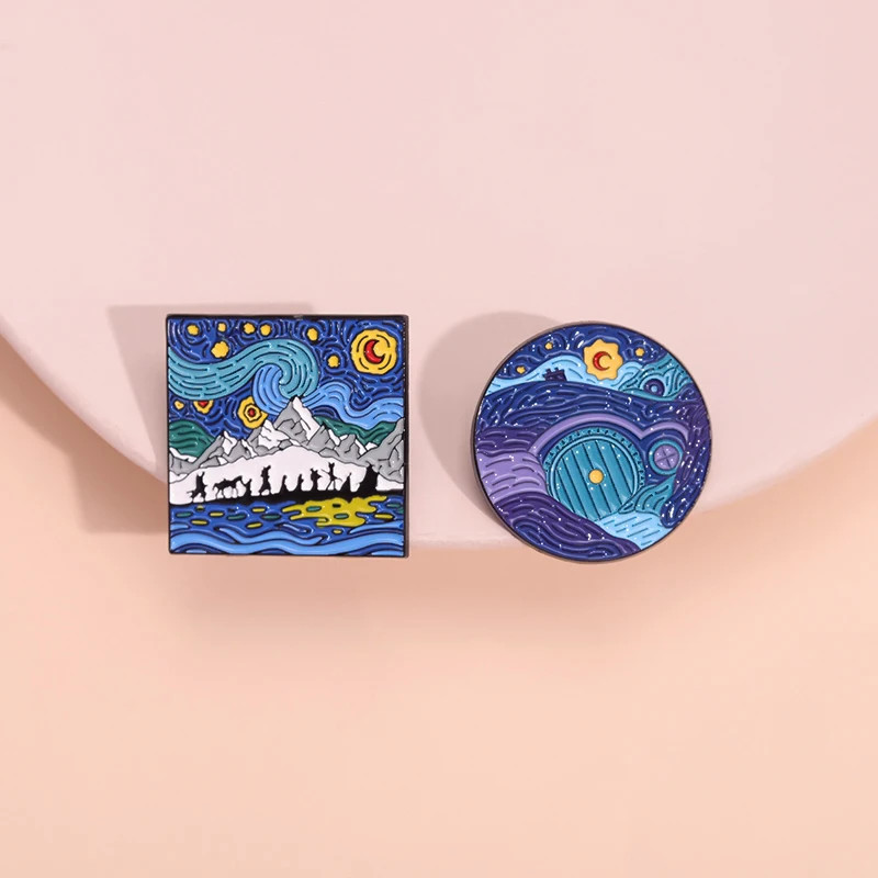 Van Gogh Starry Night Enamel Pin Brooch Set of 2 Gate of Kings Badge Jewelry Pin