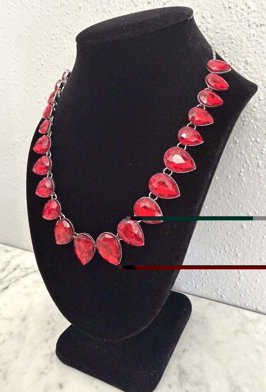 Unsigned Silver Tone Chunky Red Crystal Teardrop Fashion Statement Necklace