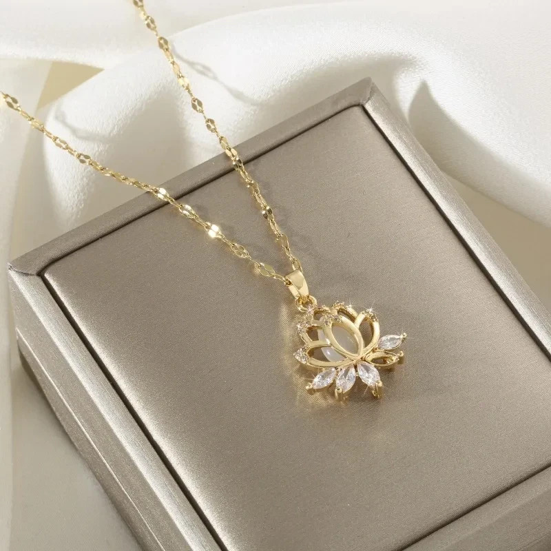 Women’s Fashion Jewelry Cubic Zircon Gold Lotus Flower Pendant Necklace Gift USA