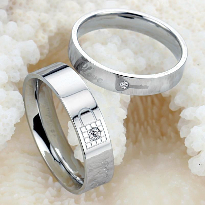 Titanium Stainless Steel CZ Love Lock & Key Promise Ring Couple Wedding Gift