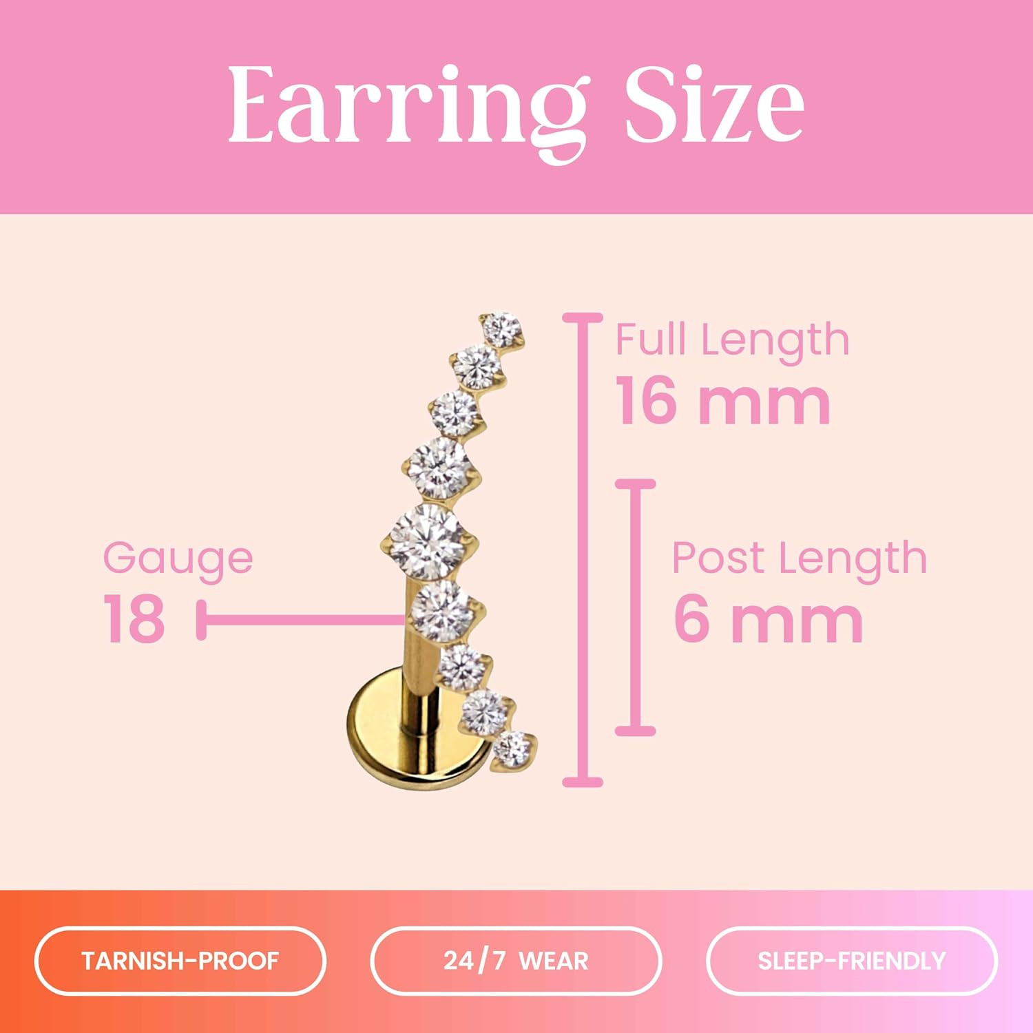Crystal Ear Climber Flat Back Stud – ASTM-F136 Implant Grade Titanium – Push Pin