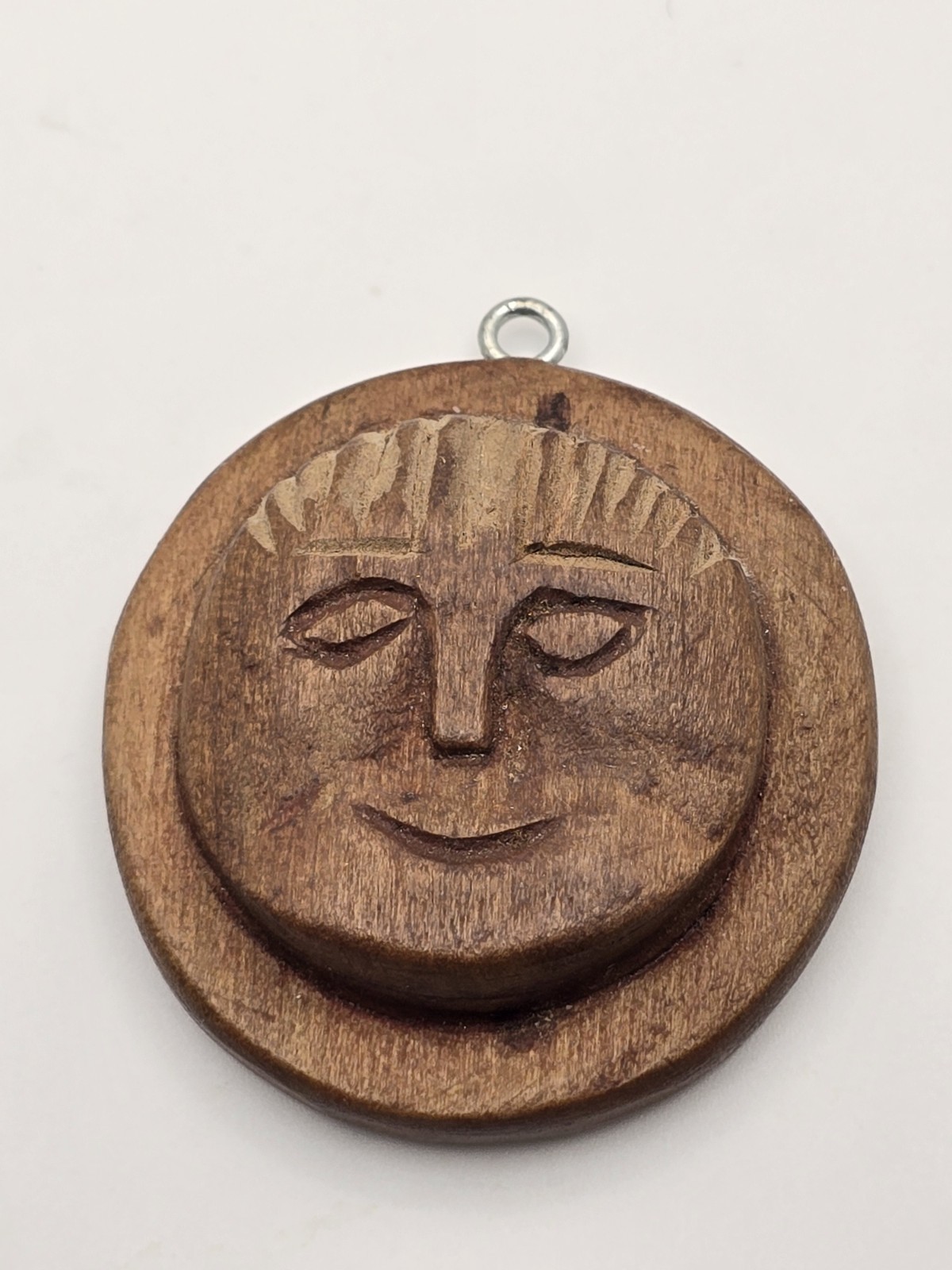 Vintage Handmade Folk Art Carved Wood Relief Wooden Moon Face Necklace Pendant