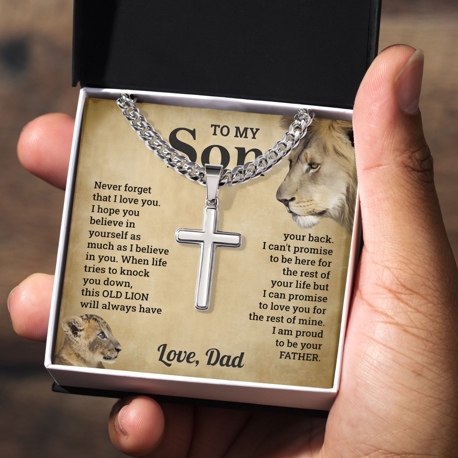 To My Son Cross Necklace Cuban Chain from Dad Lion Faith Jewelry Bday Graduation