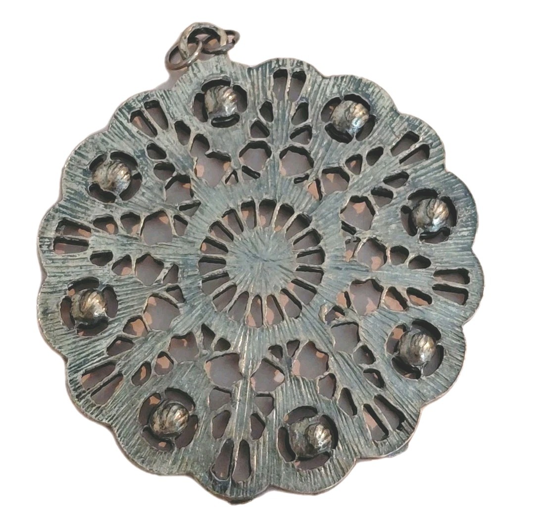 Scalloped Large Medallion Pendant / Copper Color Rhinestones / 2.25 In Round