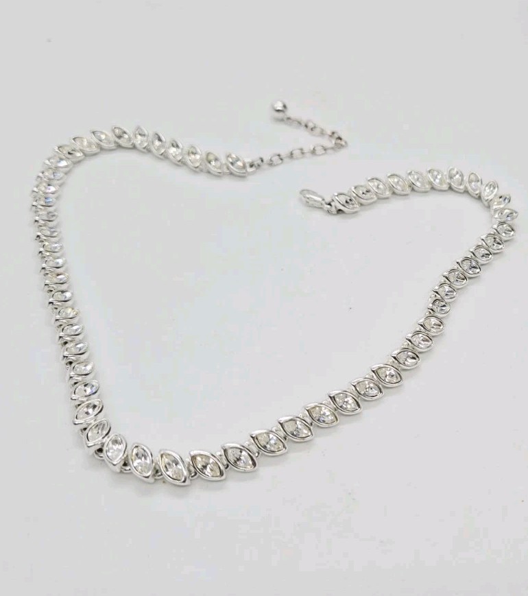 Tennis Necklace Marquise Crystal Rhinestone Silver tone Choker 17 in Adjustable