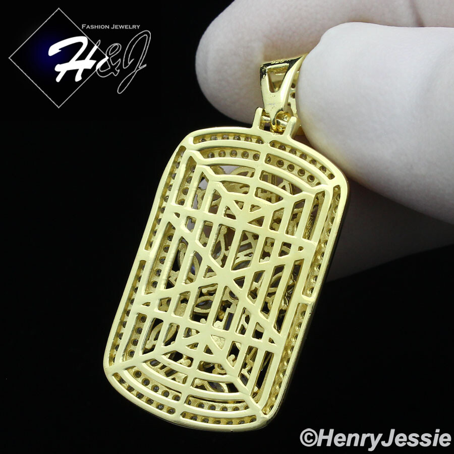 MEN WOMEN 925 STERLING SILVER ICY CUBIC ZIRCONIA GOLD PLATED DOG TAG PENDANT*251