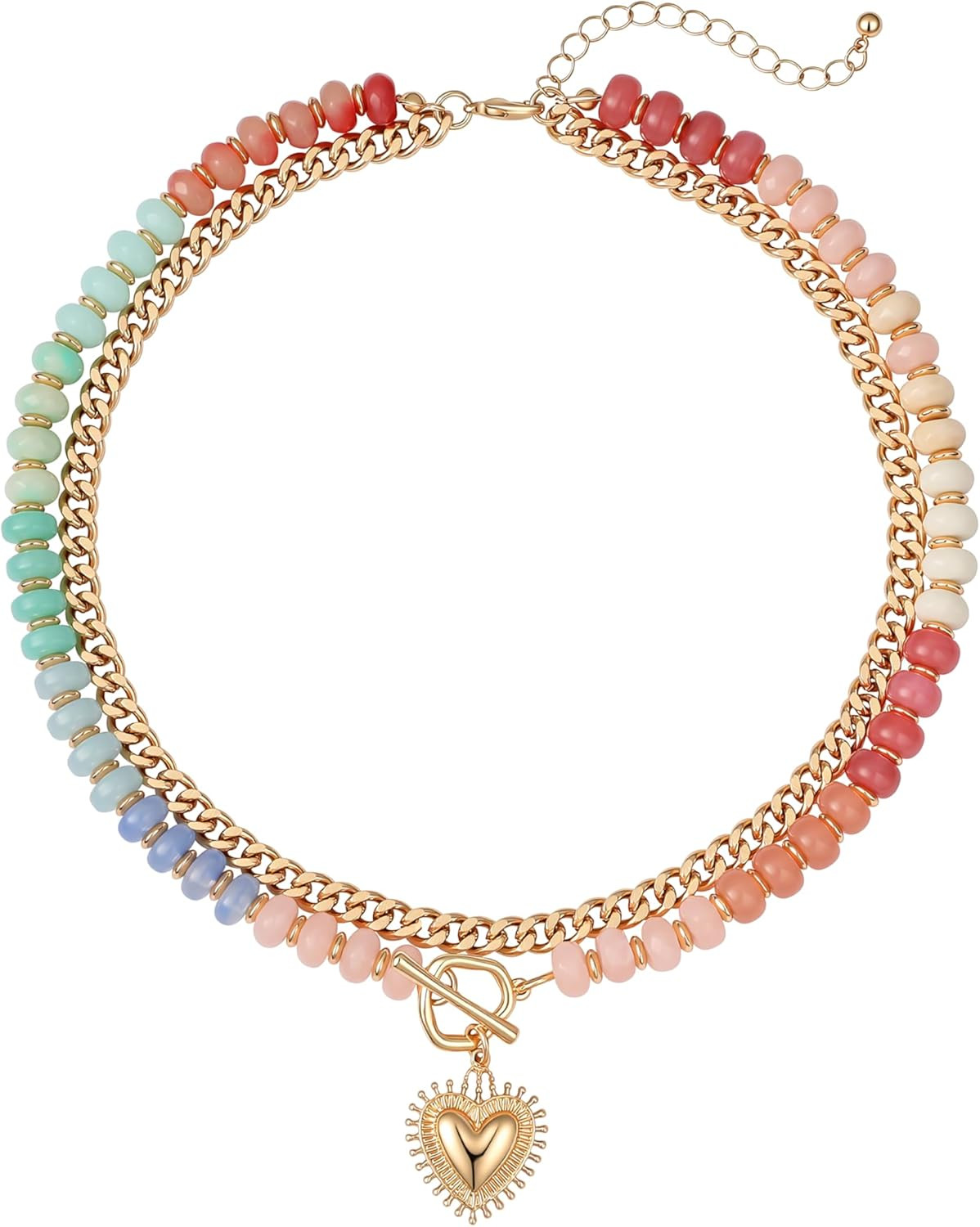 Layered Necklaces for Women, 14K Gold Plated Heart Pendant & Colorful Acrylic Be