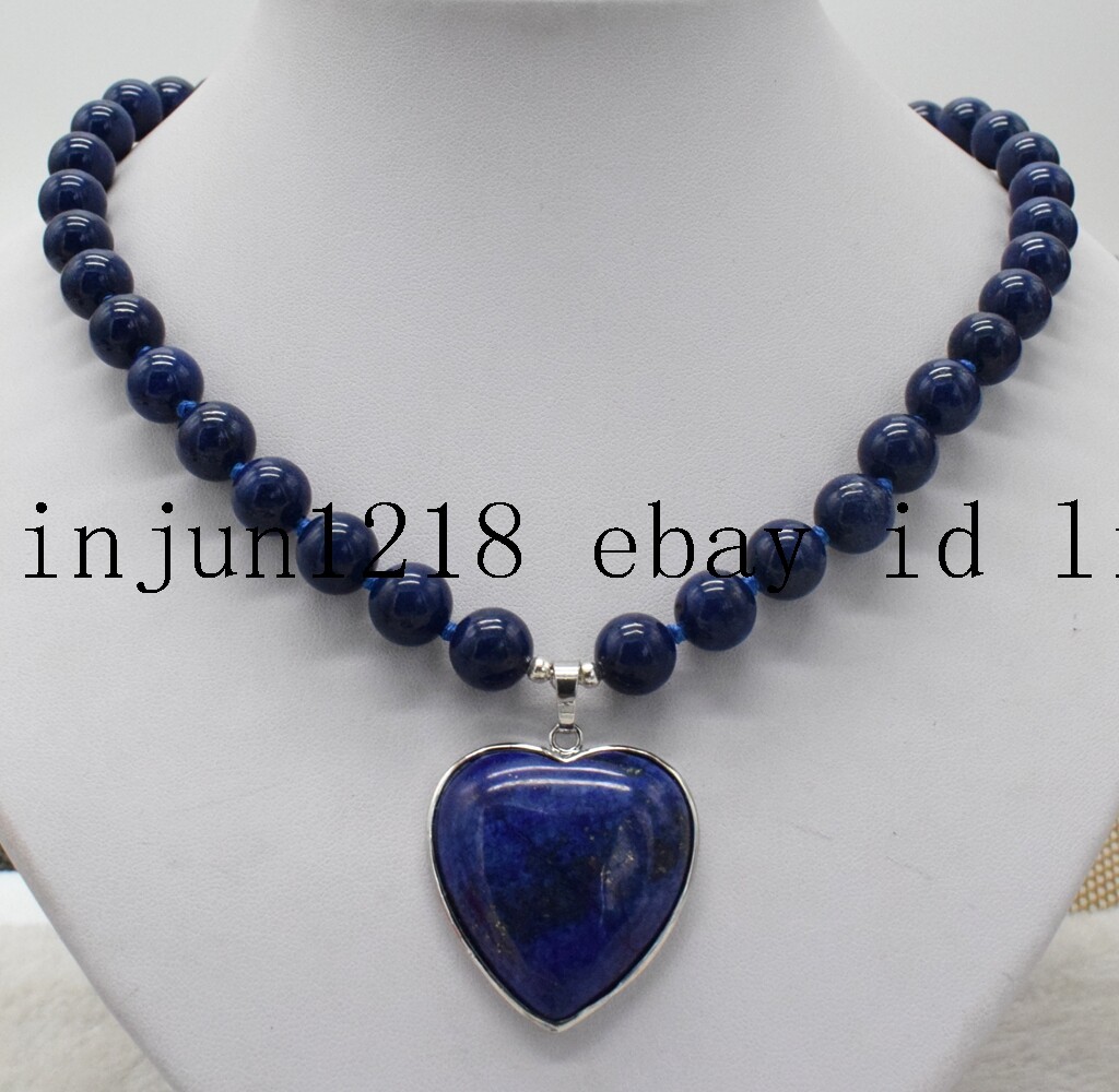 New 8mm 10mm 12mm Blue Lapis Lazuli Gemstone Heart Pendants Necklace 18”