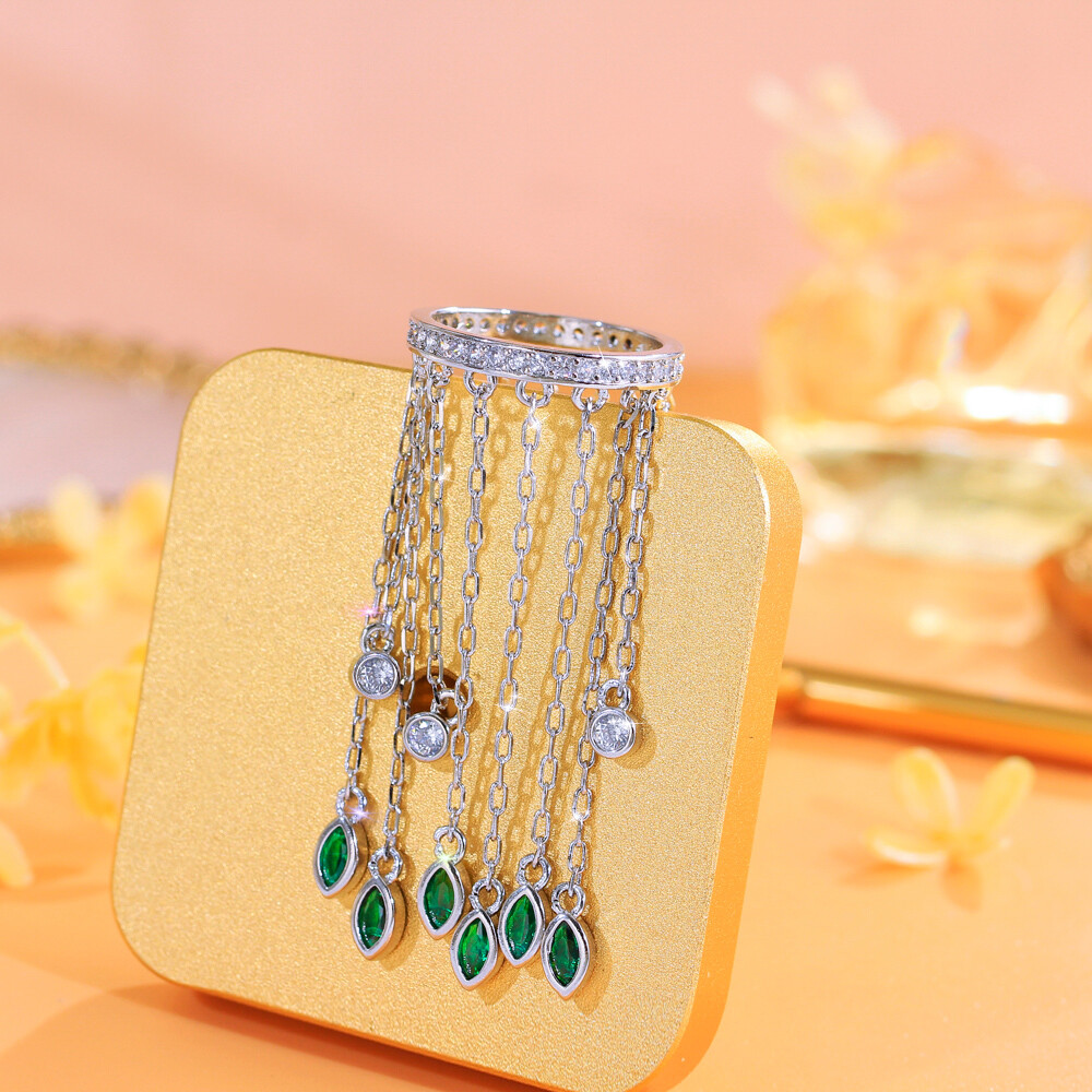 Top Silver Plated CZ Chain Link Tassel Marquise Leaf Charm Engagement Band Ring
