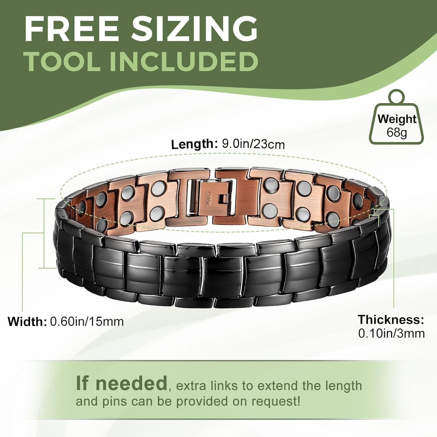 Mens Copper Magnetic Bracelets, 99.9% Pure Copper Bracelet with Double-Row St…