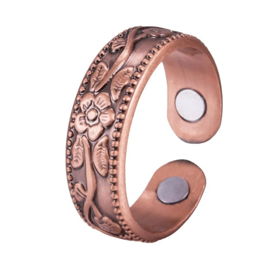 1pcs Retro Flower Magnetic Bracelet & Ring Set – Ancient Red Copper Jewelry