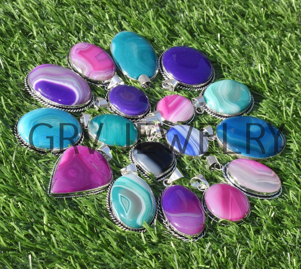1-1000 Pcs Banded Agate Gemstone Handmade Pendant Lot Bulk: Silver Plated WH-5