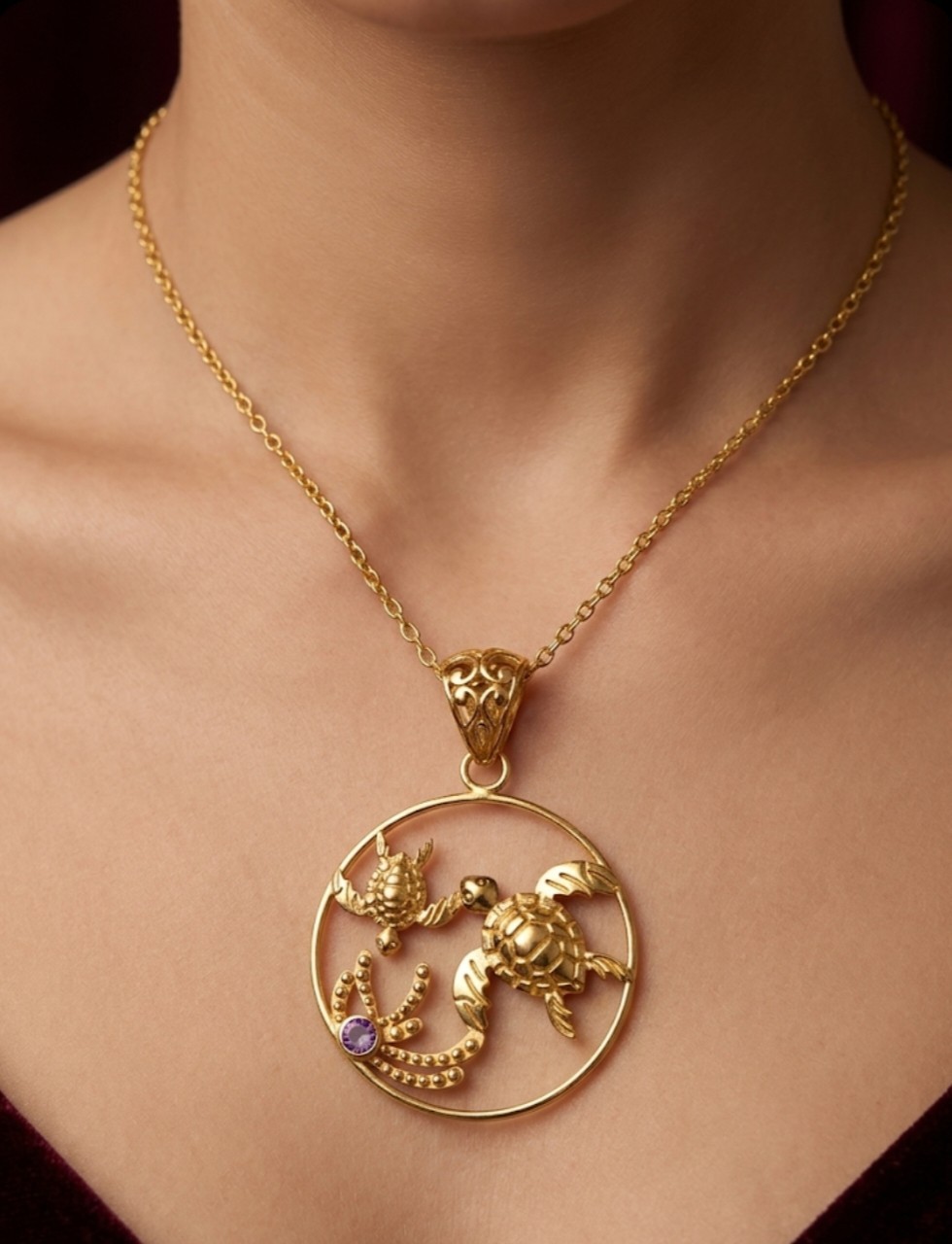 Brass Sea Turtle Mermaid Seahorse Pendant Purple Amethyst Ocean Gold Color Jewel